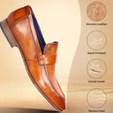 Yellow leather penny loafer by bugatti with a textured saddle strap and stacked heel.