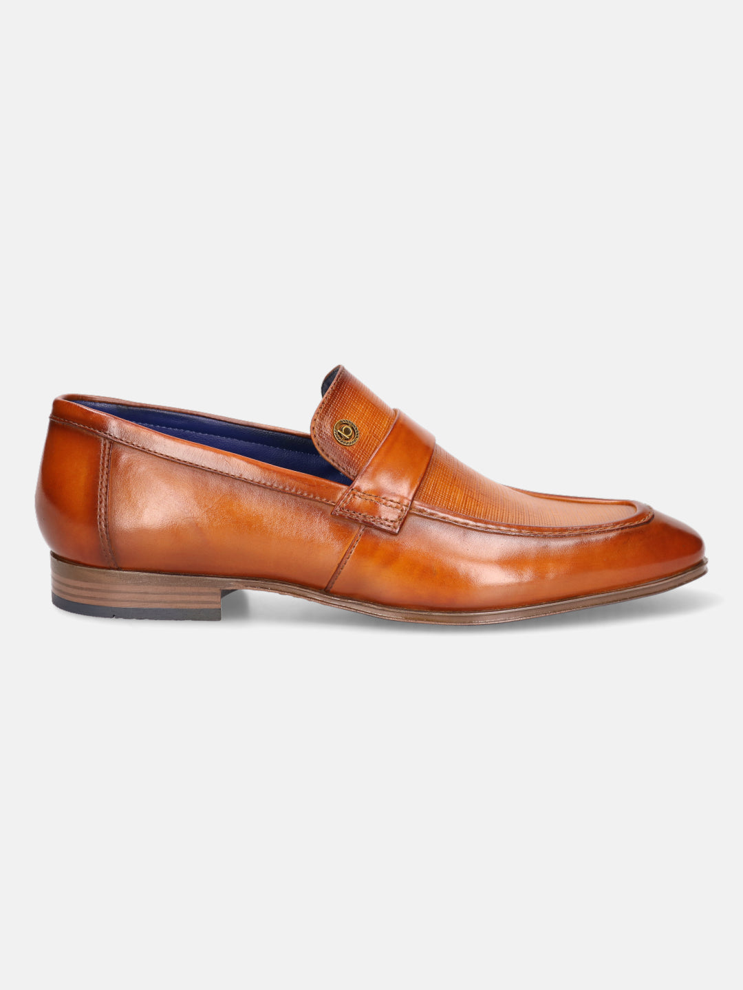 Tan leather penny loafer by bugatti, featuring a tonal textured vamp and burnished finish.
