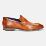 Tan leather penny loafer by bugatti, featuring a tonal textured vamp and burnished finish.