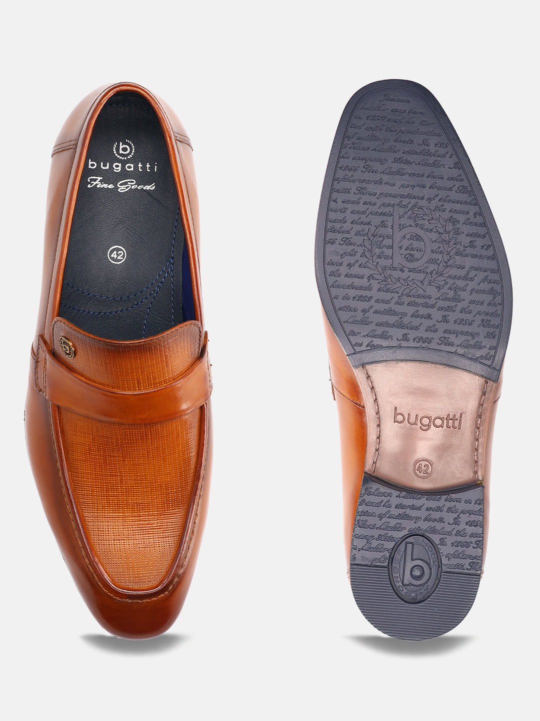 Tan leather penny loafers by bugatti with textured vamp and debossed text on the sole.