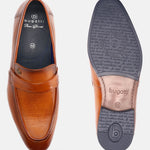 Tan leather penny loafers by bugatti with textured vamp and debossed text on the sole.