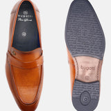 Tan leather penny loafers by bugatti with textured vamp and debossed text on the sole.