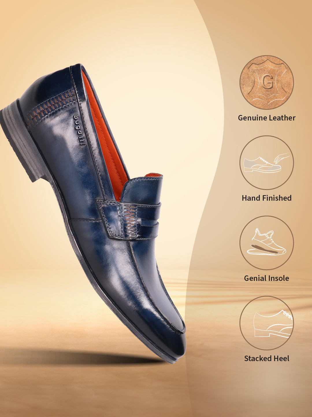 Blue premium leather penny loafer by bugatti with orange interior lining and stacked heel.