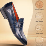 Blue premium leather penny loafer by bugatti with orange interior lining and stacked heel.