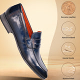 Blue premium leather penny loafer by bugatti with orange interior lining and stacked heel.