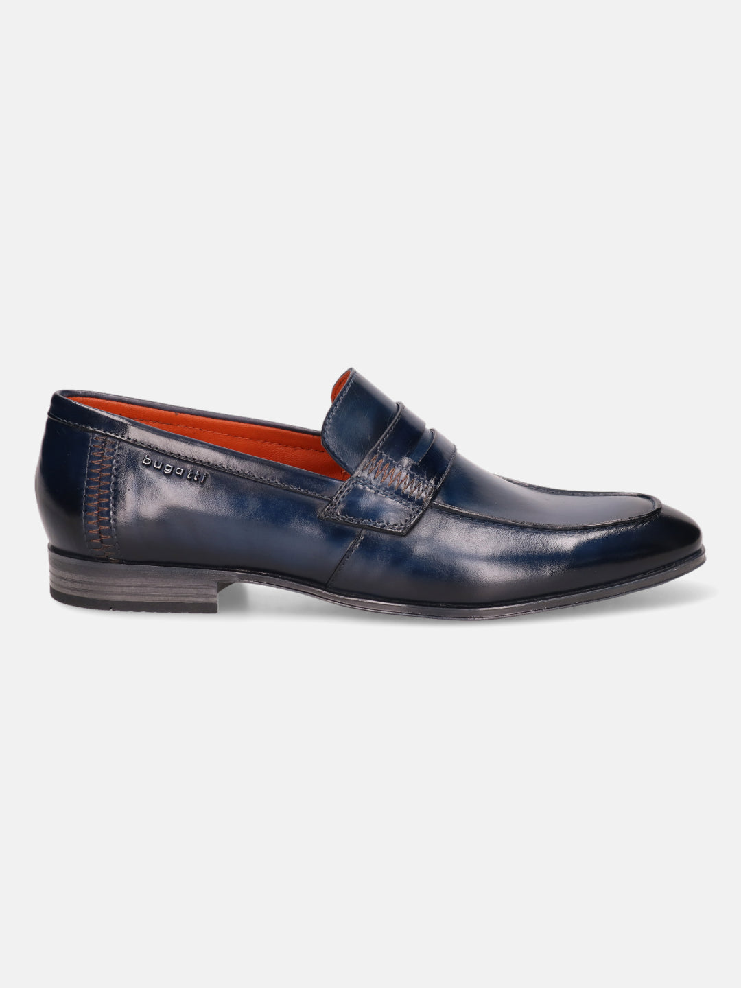 Blue leather penny loafer by bugatti with decorative stitching and orange interior lining.