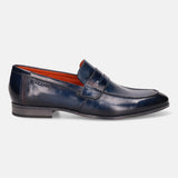 Blue leather penny loafer by bugatti with decorative stitching and orange interior lining.