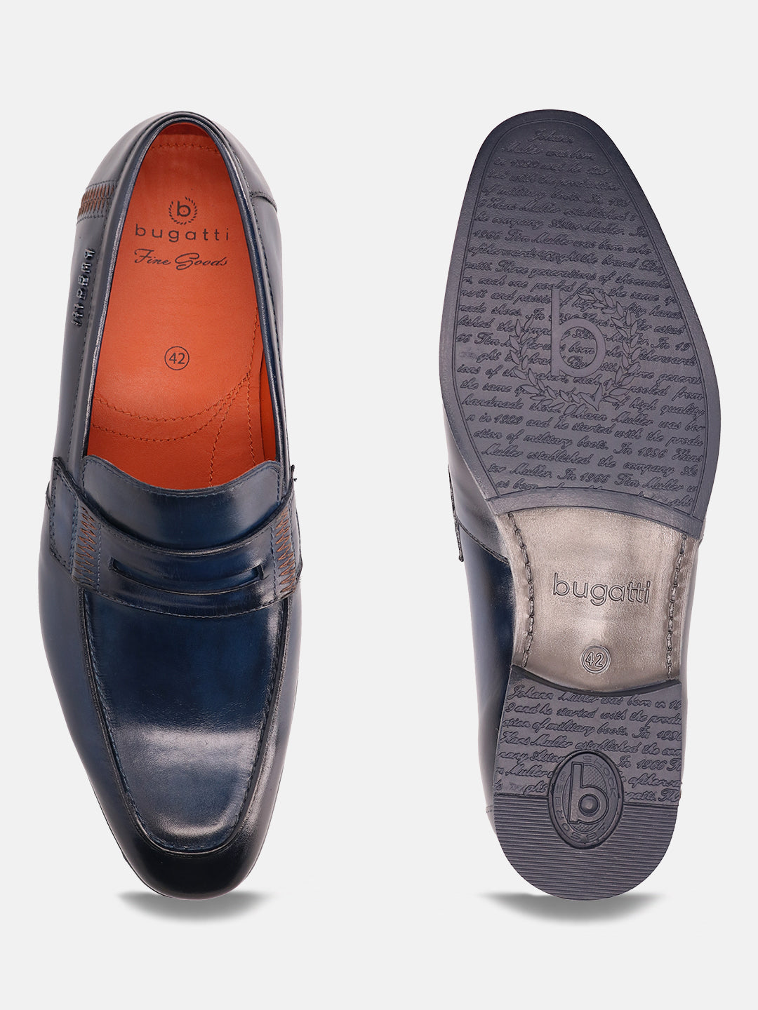 Blue leather penny loafers by Bugatti, featuring a burnished finish and debossed text on the sole.
