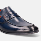 Blue leather penny loafer by Bugatti, showcasing fine stitching detail and a glossy finish.