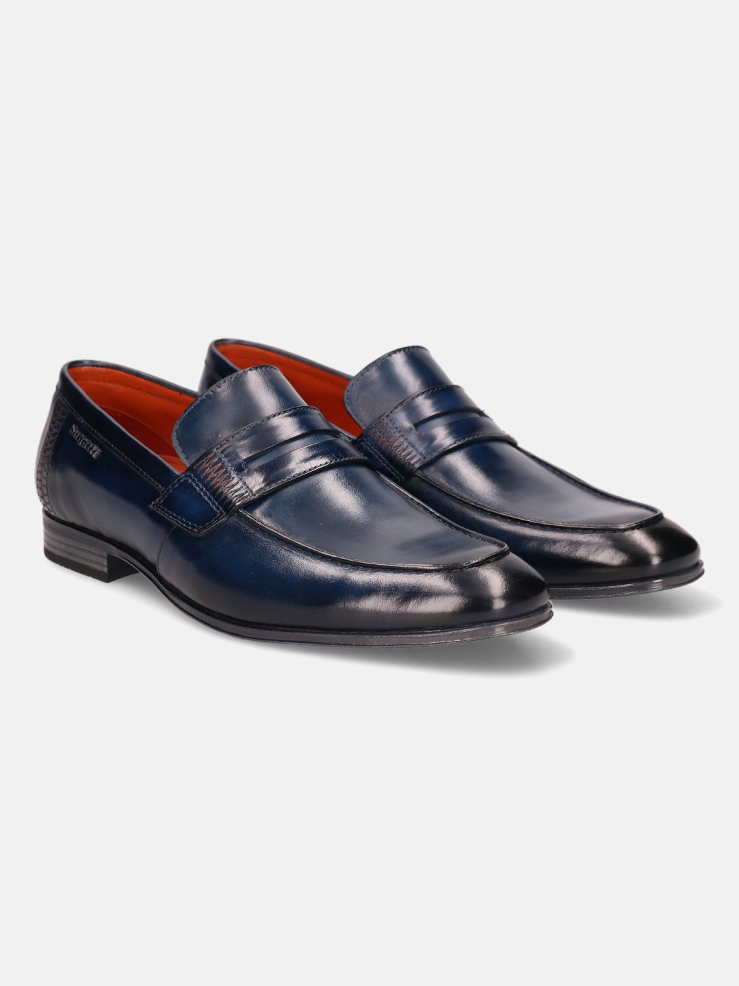 Blue leather penny loafers by bugatti with orange interior, detailed stitching, and sleek design.