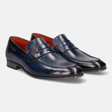 Blue leather penny loafers by bugatti with orange interior, detailed stitching, and sleek design.