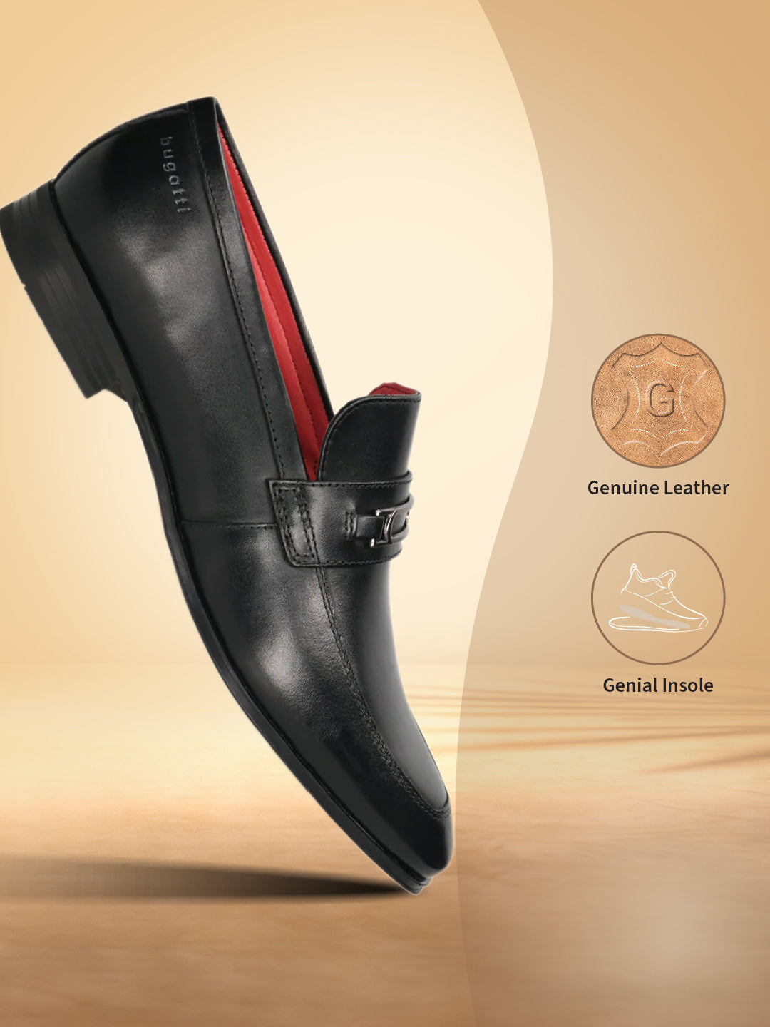 A black Men's bugatti Bit Loafer featuring a round toe apron toe, moulded  heel. Made from premium genuine leather with a durable high quality synthetic outsole, this slip-on design offers both style and comfort.