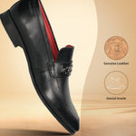 A black Men's bugatti Bit Loafer featuring a round toe apron toe, moulded  heel. Made from premium genuine leather with a durable high quality synthetic outsole, this slip-on design offers both style and comfort.