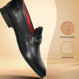 A black Men's bugatti Bit Loafer featuring a round toe apron toe, moulded  heel. Made from premium genuine leather with a durable high quality synthetic outsole, this slip-on design offers both style and comfort.
