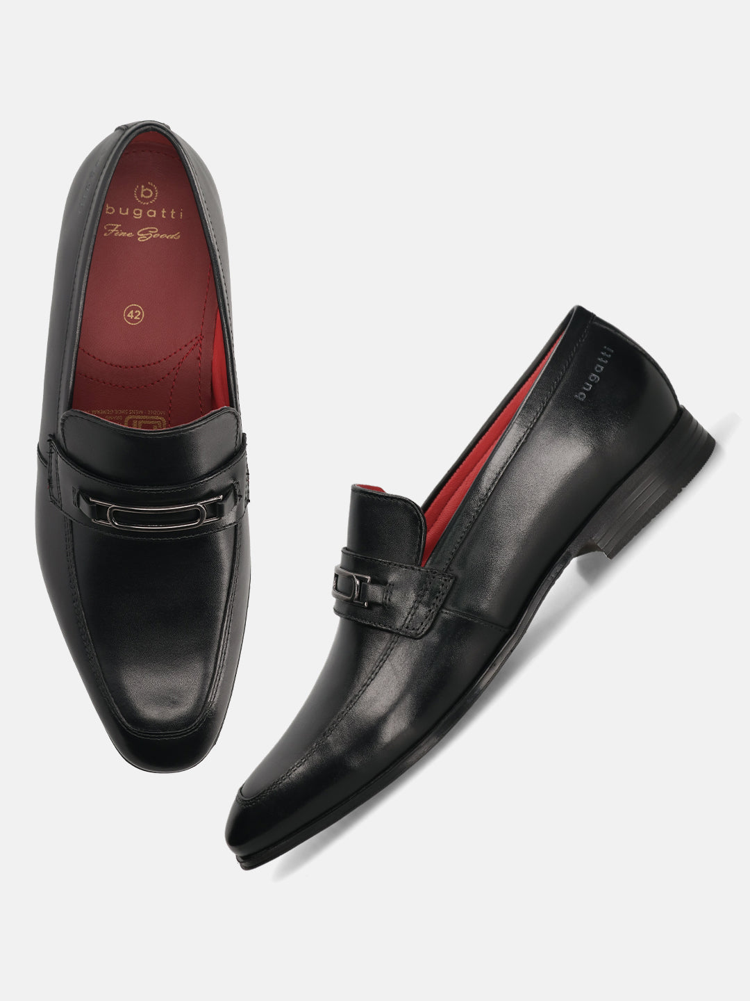 A black Men's bugatti Bit Loafer featuring a round toe apron toe, moulded  heel. Made from premium genuine leather with a durable high quality synthetic outsole, this slip-on design offers both style and comfort.