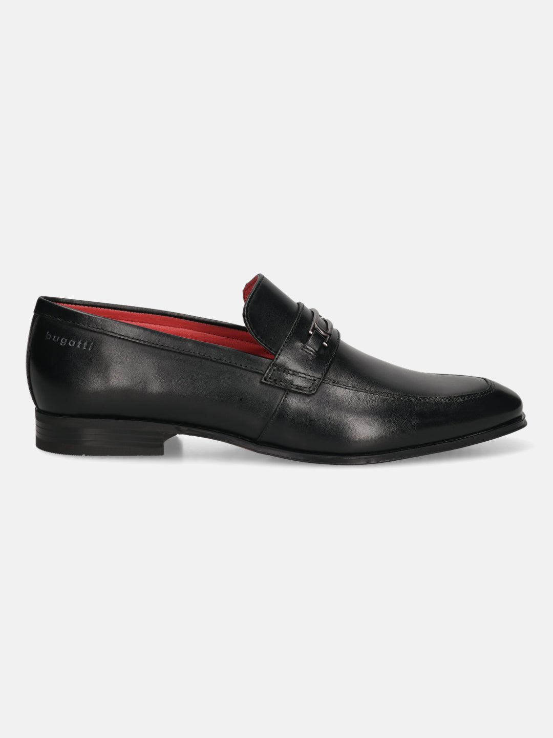 A black Men's bugatti Bit Loafer featuring a round toe apron toe, moulded  heel. Made from premium genuine leather with a durable high quality synthetic outsole, this slip-on design offers both style and comfort.