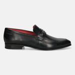 A black Men's bugatti Bit Loafer featuring a round toe apron toe, moulded  heel. Made from premium genuine leather with a durable high quality synthetic outsole, this slip-on design offers both style and comfort.