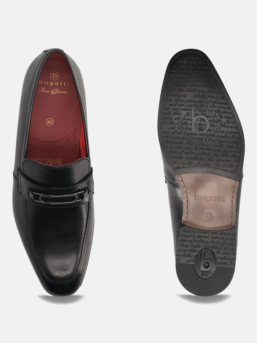 A black Men's bugatti Bit Loafer featuring a round toe apron toe, moulded  heel. Made from premium genuine leather with a durable high quality synthetic outsole, this slip-on design offers both style and comfort.