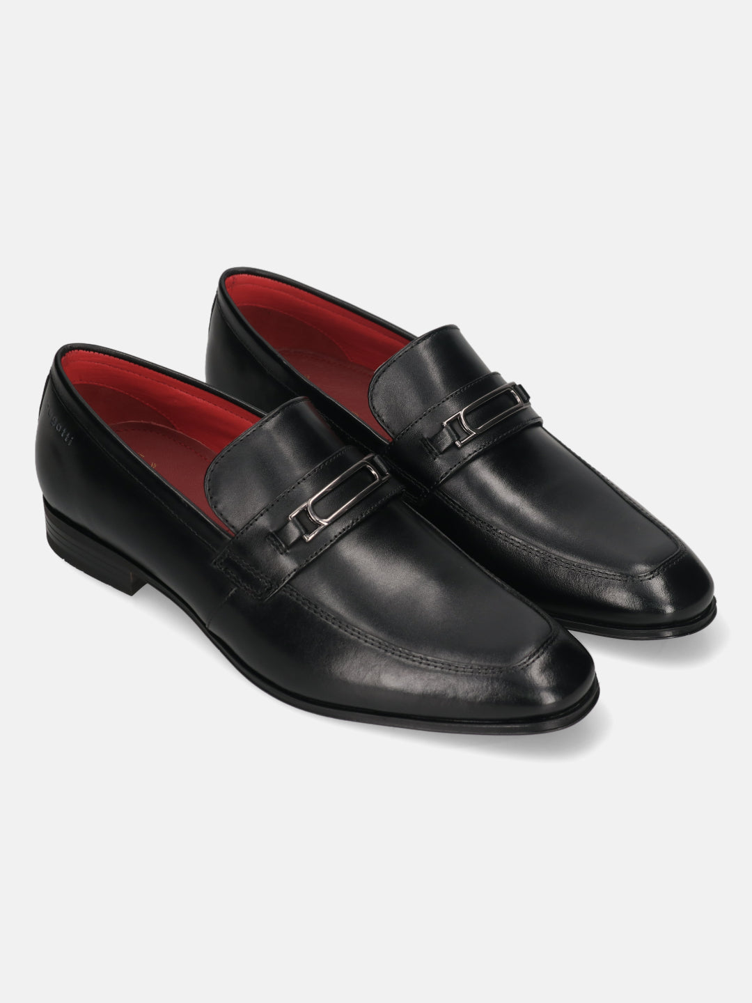 A black Men's bugatti Bit Loafer featuring a round toe apron toe, moulded  heel. Made from premium genuine leather with a durable high quality synthetic outsole, this slip-on design offers both style and comfort.