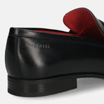 A black Men's bugatti Bit Loafer featuring a round toe apron toe, moulded  heel. Made from premium genuine leather with a durable high quality synthetic outsole, this slip-on design offers both style and comfort.
