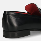 A black Men's bugatti Bit Loafer featuring a round toe apron toe, moulded  heel. Made from premium genuine leather with a durable high quality synthetic outsole, this slip-on design offers both style and comfort.