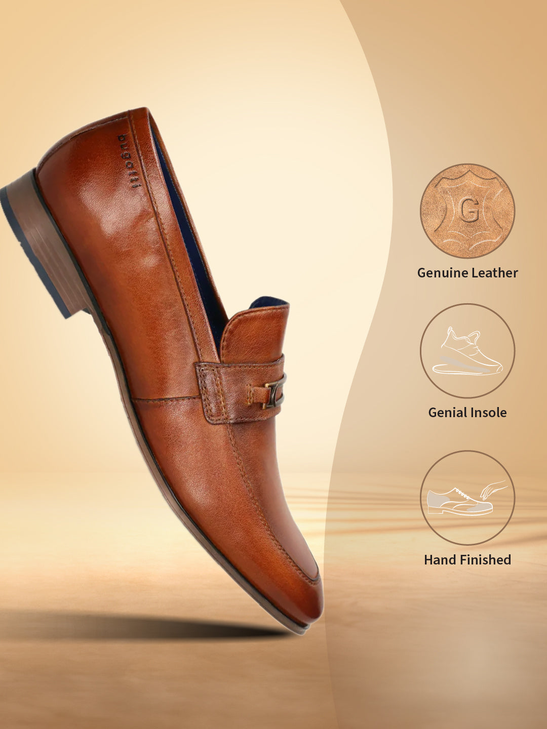 A cognac Men's bugatti Bit Loafer featuring a round toe apron toe, moulded  heel. Made from premium genuine leather with a durable high quality synthetic outsole, this slip-on design offers both style and comfort.