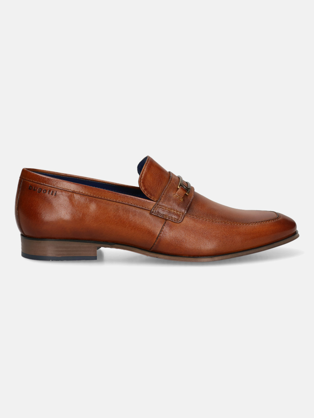 A cognac Men's bugatti Bit Loafer featuring a round toe apron toe, moulded  heel. Made from premium genuine leather with a durable high quality synthetic outsole, this slip-on design offers both style and comfort.