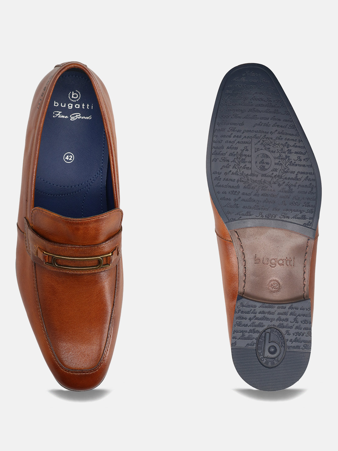 A cognac Men's bugatti Bit Loafer featuring a round toe apron toe, moulded  heel. Made from premium genuine leather with a durable high quality synthetic outsole, this slip-on design offers both style and comfort.