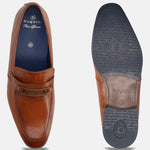 A cognac Men's bugatti Bit Loafer featuring a round toe apron toe, moulded  heel. Made from premium genuine leather with a durable high quality synthetic outsole, this slip-on design offers both style and comfort.