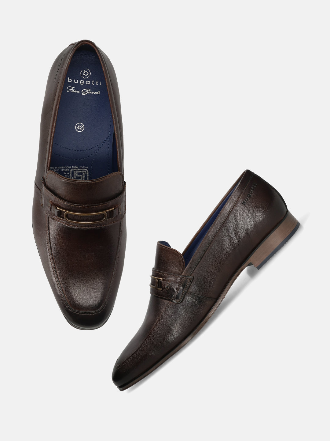A brown Men's bugatti Bit Loafer featuring a round toe apron toe, moulded  heel. Made from premium genuine leather with a durable high quality synthetic outsole, this slip-on design offers both style and comfort.