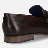 A brown Men's bugatti Bit Loafer featuring a round toe apron toe, moulded  heel. Made from premium genuine leather with a durable high quality synthetic outsole, this slip-on design offers both style and comfort.