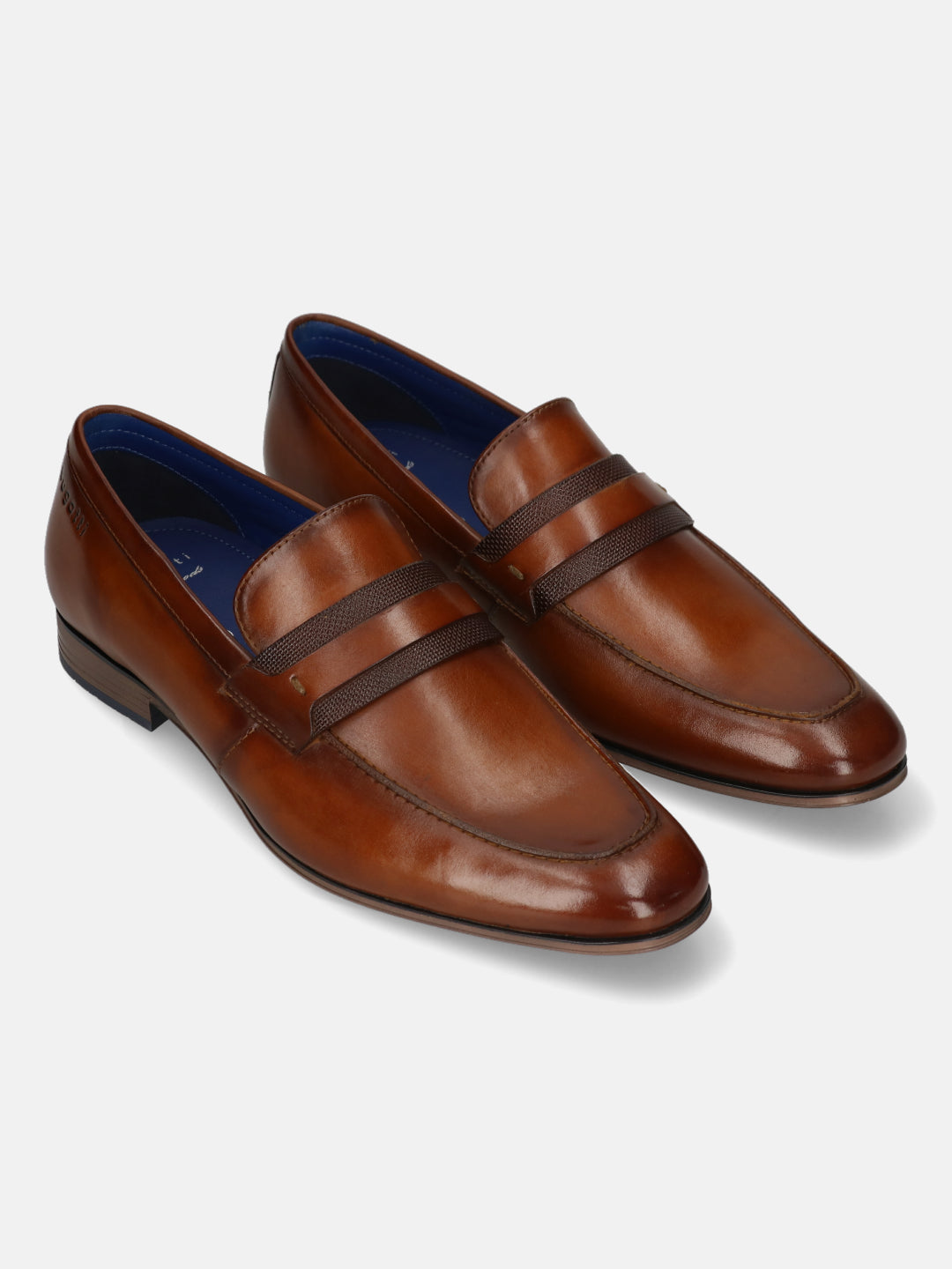 Men's Bugatti penny loafer cognac leather shoes with a round toe and apron toe featuring a moulded heel , a pvc outsole.