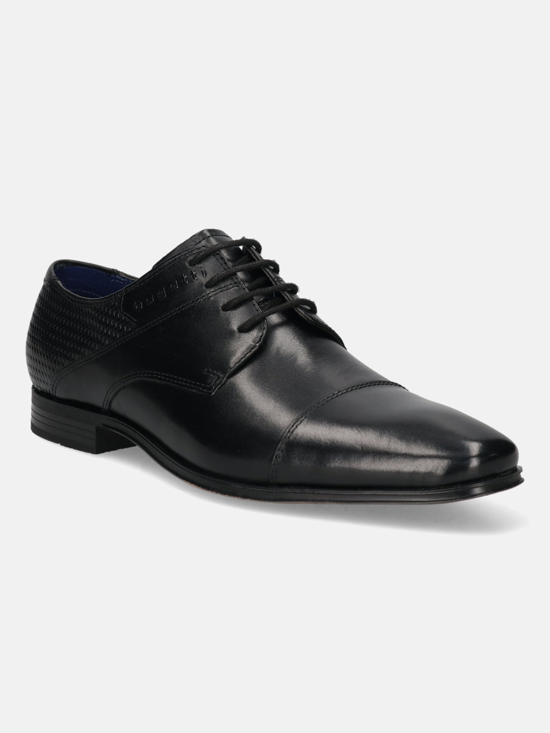 A black Men's bugatti Derby featuring a round toe cap toe, stacked heel. Made from premium genuine leather with a durable high quality synthetic outsole, this laces design offers both style and comfort.