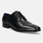 A black Men's bugatti Derby featuring a round toe cap toe, stacked heel. Made from premium genuine leather with a durable high quality synthetic outsole, this laces design offers both style and comfort.
