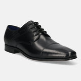 A black Men's bugatti Derby featuring a round toe cap toe, stacked heel. Made from premium genuine leather with a durable high quality synthetic outsole, this laces design offers both style and comfort.