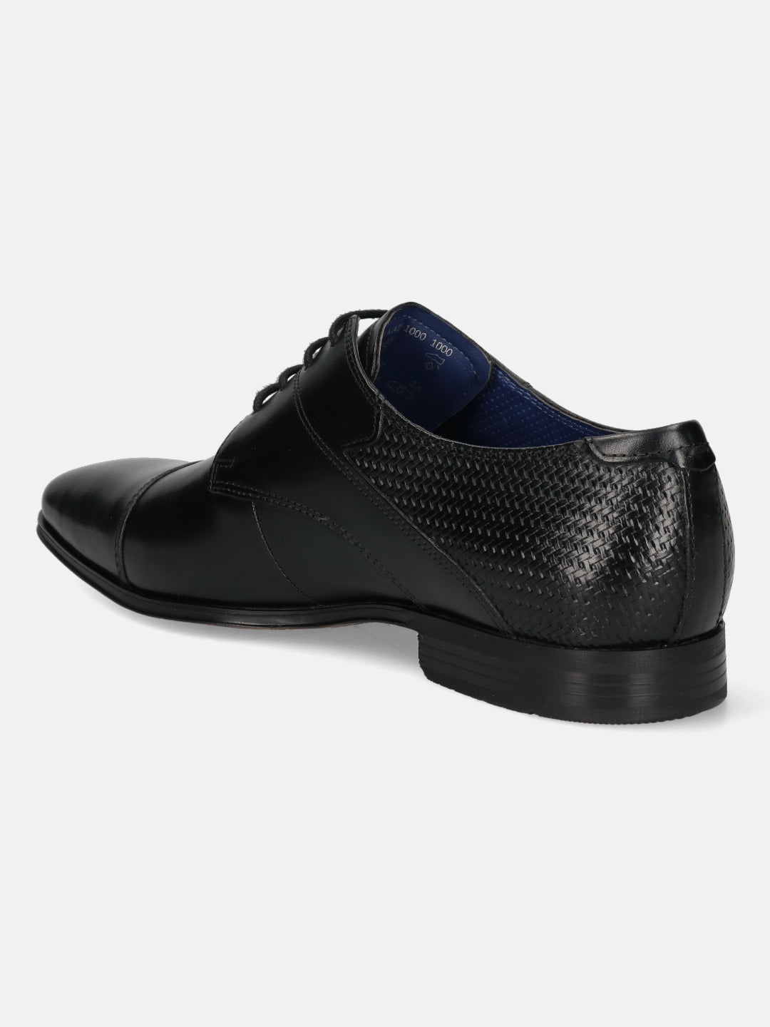 A black Men's bugatti Derby featuring a round toe cap toe, stacked heel. Made from premium genuine leather with a durable high quality synthetic outsole, this laces design offers both style and comfort.