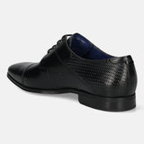 A black Men's bugatti Derby featuring a round toe cap toe, stacked heel. Made from premium genuine leather with a durable high quality synthetic outsole, this laces design offers both style and comfort.