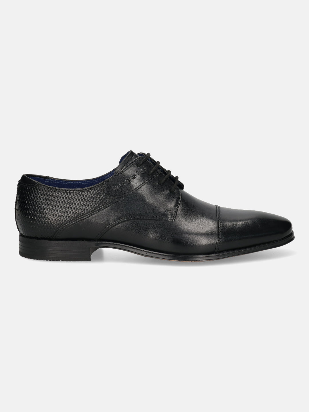 A black Men's bugatti Derby featuring a round toe cap toe, stacked heel. Made from premium genuine leather with a durable high quality synthetic outsole, this laces design offers both style and comfort.