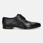 A black Men's bugatti Derby featuring a round toe cap toe, stacked heel. Made from premium genuine leather with a durable high quality synthetic outsole, this laces design offers both style and comfort.