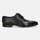 A black Men's bugatti Derby featuring a round toe cap toe, stacked heel. Made from premium genuine leather with a durable high quality synthetic outsole, this laces design offers both style and comfort.