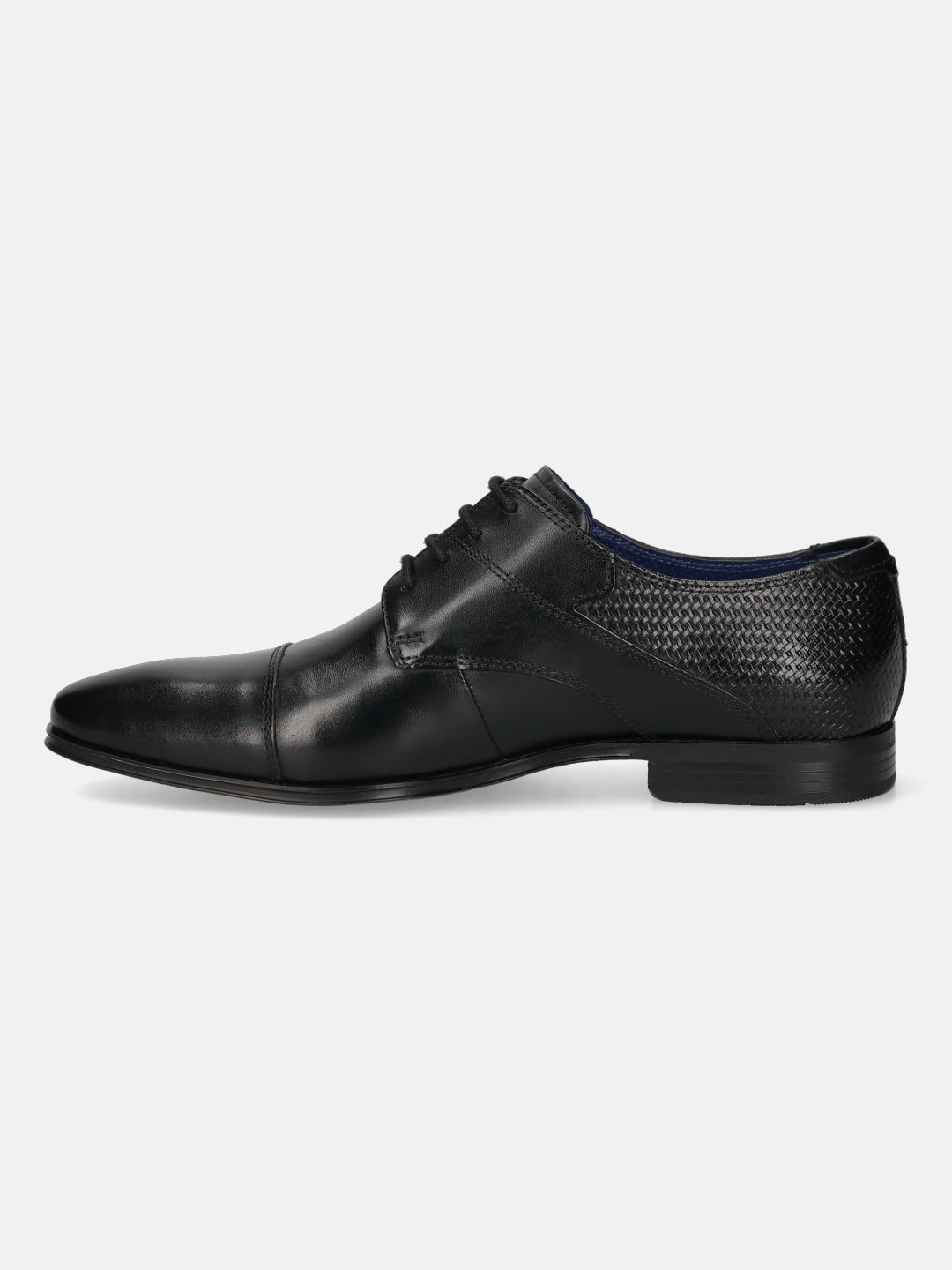 A black Men's bugatti Derby featuring a round toe cap toe, stacked heel. Made from premium genuine leather with a durable high quality synthetic outsole, this laces design offers both style and comfort.