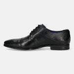 A black Men's bugatti Derby featuring a round toe cap toe, stacked heel. Made from premium genuine leather with a durable high quality synthetic outsole, this laces design offers both style and comfort.