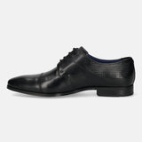 A black Men's bugatti Derby featuring a round toe cap toe, stacked heel. Made from premium genuine leather with a durable high quality synthetic outsole, this laces design offers both style and comfort.
