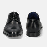 A black Men's bugatti Derby featuring a round toe cap toe, stacked heel. Made from premium genuine leather with a durable high quality synthetic outsole, this laces design offers both style and comfort.