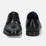 A black Men's bugatti Derby featuring a round toe cap toe, stacked heel. Made from premium genuine leather with a durable high quality synthetic outsole, this laces design offers both style and comfort.