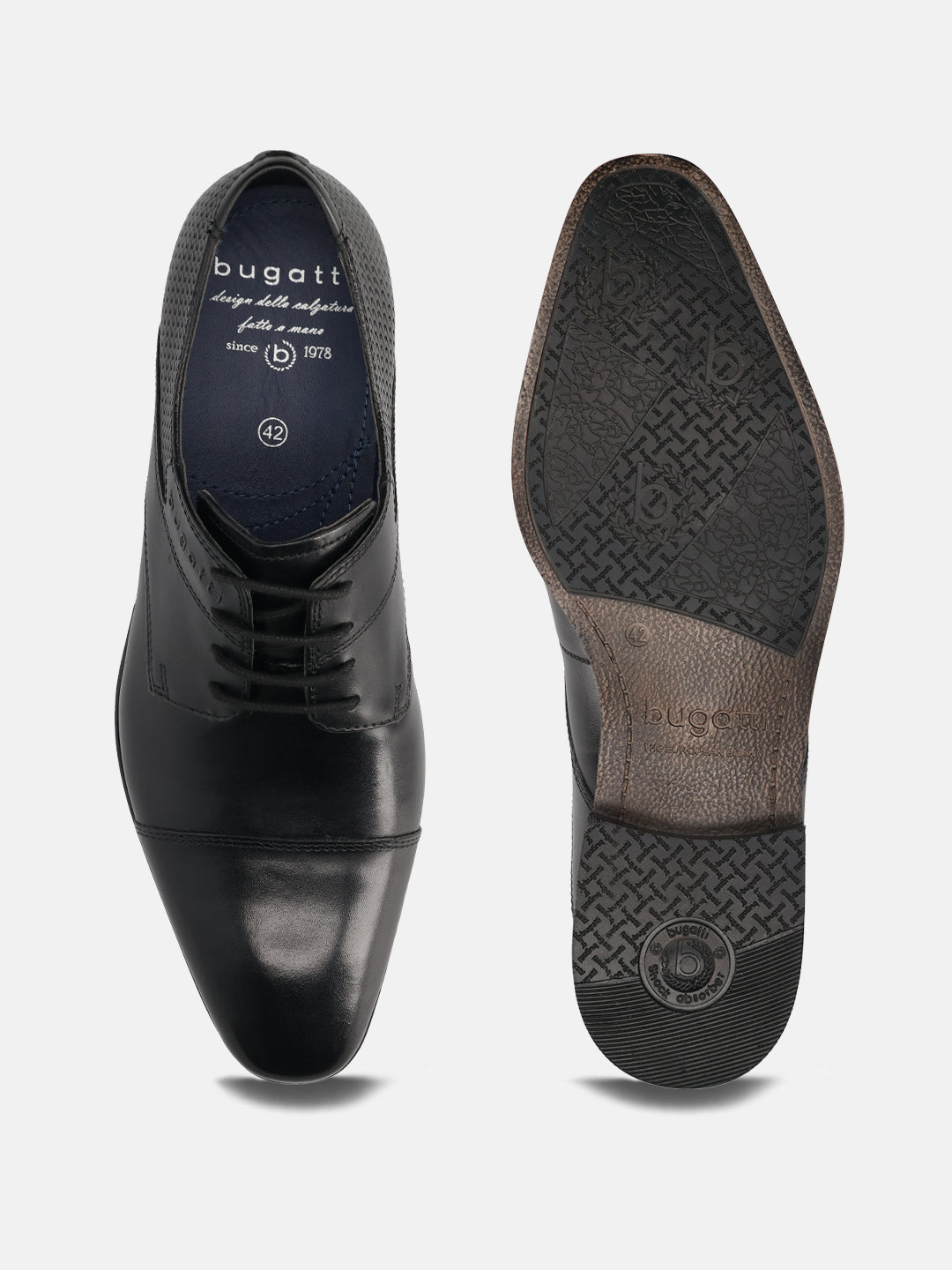 A black Men's bugatti Derby featuring a round toe cap toe, stacked heel. Made from premium genuine leather with a durable high quality synthetic outsole, this laces design offers both style and comfort.