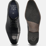 A black Men's bugatti Derby featuring a round toe cap toe, stacked heel. Made from premium genuine leather with a durable high quality synthetic outsole, this laces design offers both style and comfort.