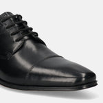 A black Men's bugatti Derby featuring a round toe cap toe, stacked heel. Made from premium genuine leather with a durable high quality synthetic outsole, this laces design offers both style and comfort.