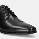A black Men's bugatti Derby featuring a round toe cap toe, stacked heel. Made from premium genuine leather with a durable high quality synthetic outsole, this laces design offers both style and comfort.