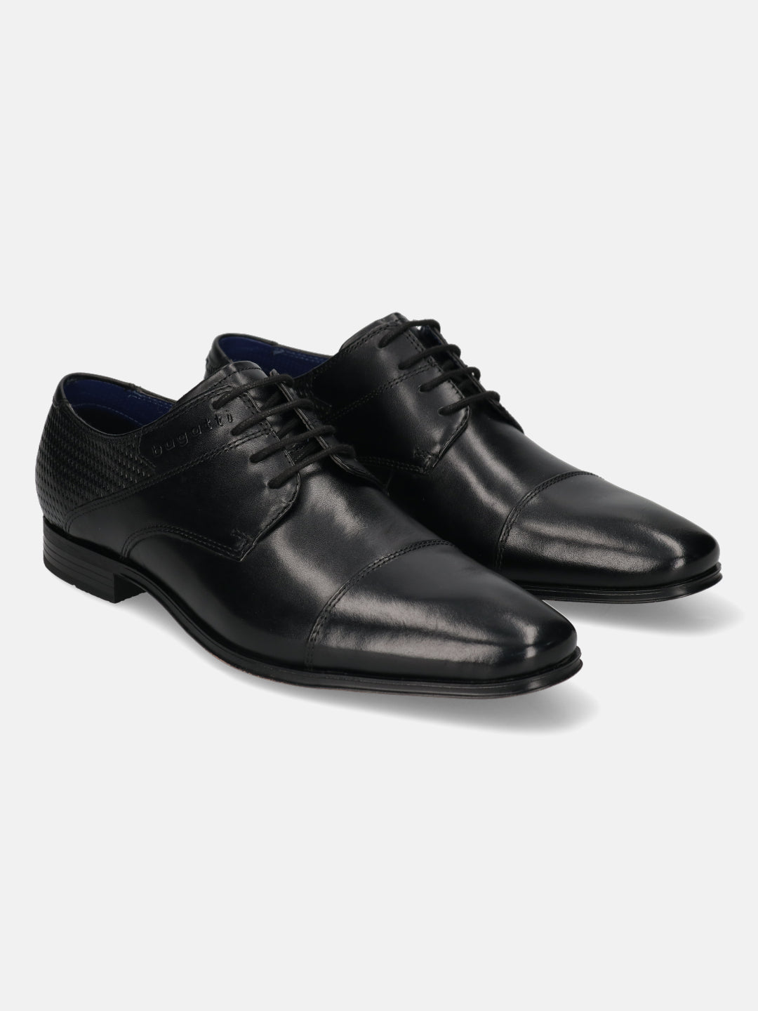 A black Men's bugatti Derby featuring a round toe cap toe, stacked heel. Made from premium genuine leather with a durable high quality synthetic outsole, this laces design offers both style and comfort.